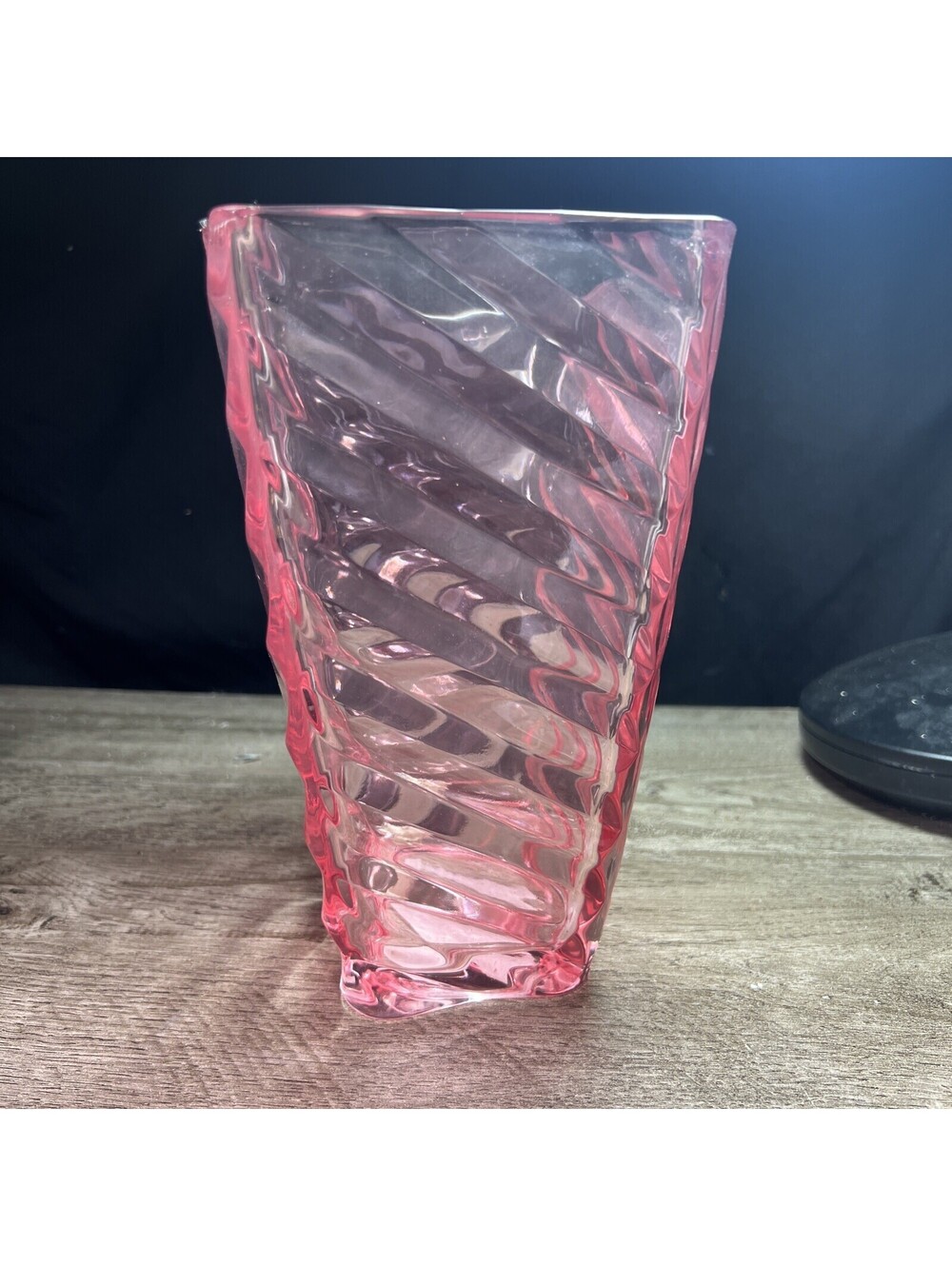 Rare Pink Diagonal Ribbed Square Flower Vase, Vintage 8.5” high x 4.75” wide